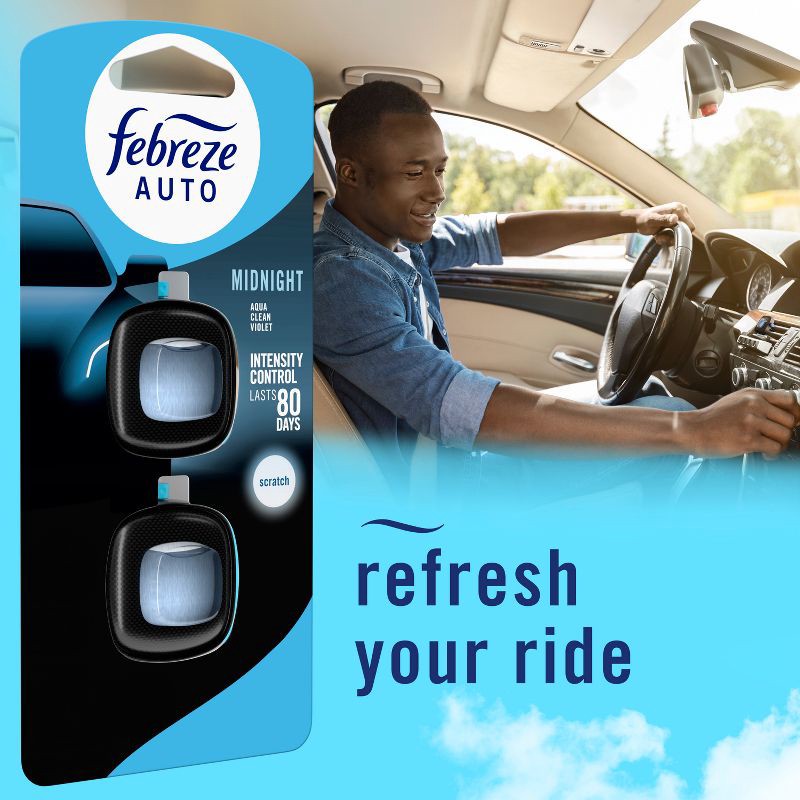 slide 8 of 14, Febreze 2ct Car Auto Midnight: Vent Clips, Adjustable Scent, Phthalate-Free, Disposable, Oil-Based Freshener, 2 ct