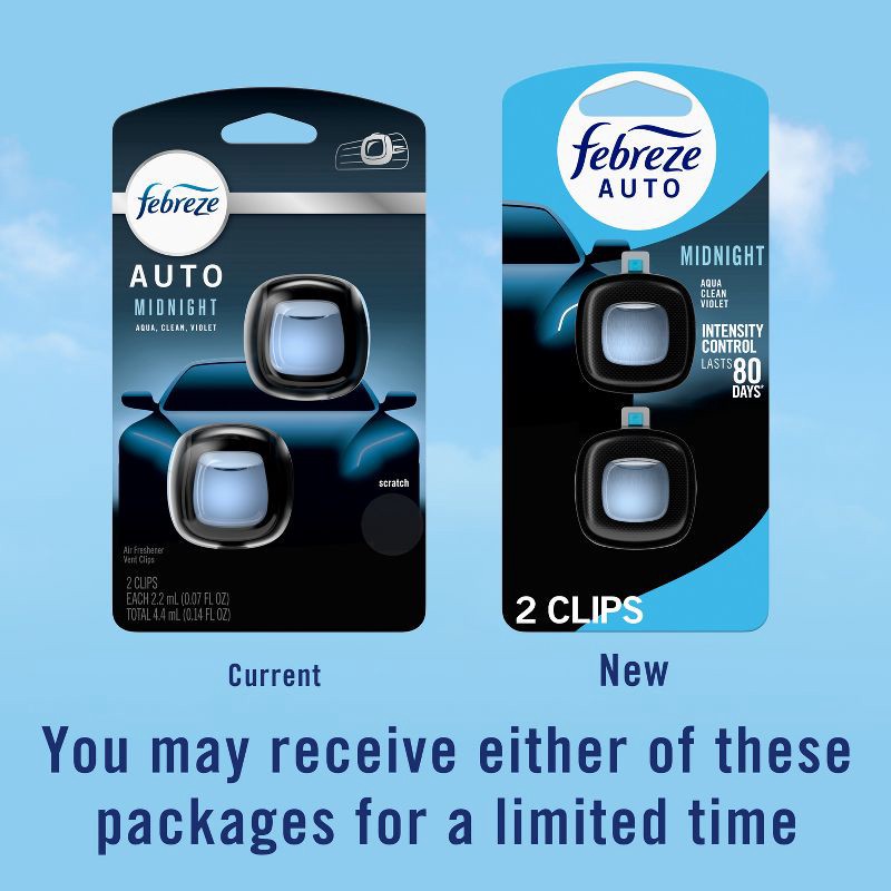 slide 9 of 14, Febreze 2ct Car Auto Midnight: Vent Clips, Adjustable Scent, Phthalate-Free, Disposable, Oil-Based Freshener, 2 ct