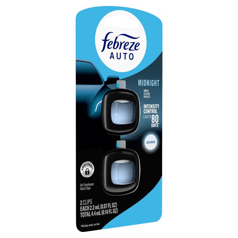 slide 11 of 14, Febreze 2ct Car Auto Midnight: Vent Clips, Adjustable Scent, Phthalate-Free, Disposable, Oil-Based Freshener, 2 ct