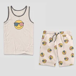 Mad Engine Men's Americana Smiley Face Print Tank Top and Shorts Pajama Set - Light Beige/Charcoal Gray XL