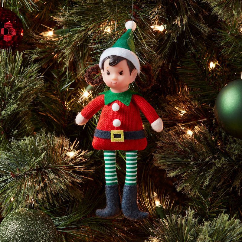 slide 2 of 3, Fabric Elf Child with Braids and Green Hat Christmas Tree Ornament - Wondershop™: Indoor Holiday Decor, Polyester, 9" Height, 1 ct