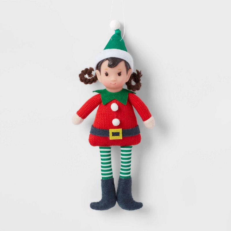 slide 1 of 3, Fabric Elf Child with Braids and Green Hat Christmas Tree Ornament - Wondershop™: Indoor Holiday Decor, Polyester, 9" Height, 1 ct