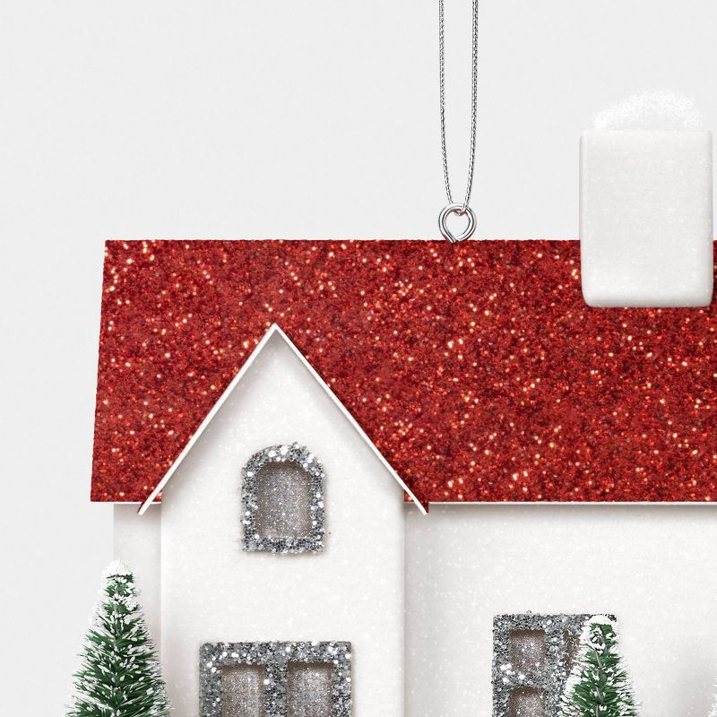 slide 3 of 3, Glittered House with Red Roof and Bottle Brush Trees Christmas Tree Ornament White - Wondershop™: Indoor Use, 3.5" Height, 1 ct