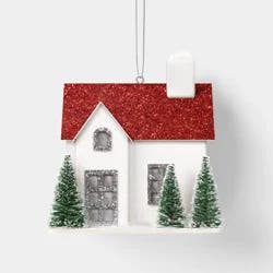 Glittered House with Red Roof and Bottle Brush Trees Christmas Tree Ornament White - Wondershop™: Indoor Use, 3.5" Height