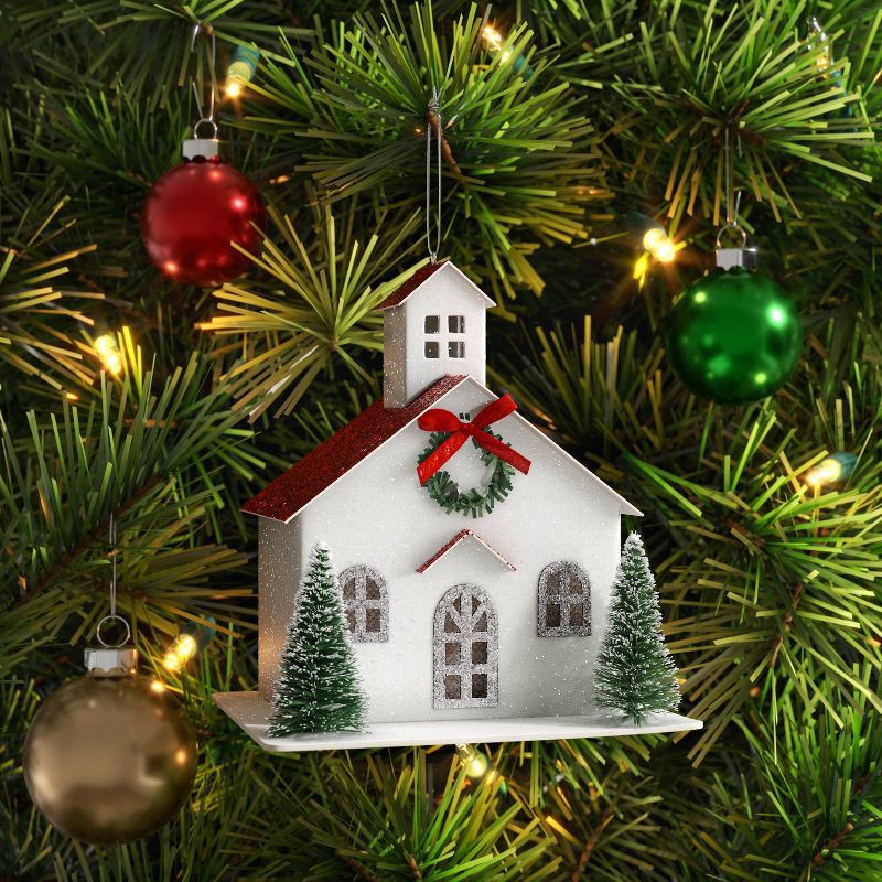 slide 2 of 3, Glittered Church with Bottle Brush Trees Christmas Tree Ornament White - Wondershop™, 1 ct