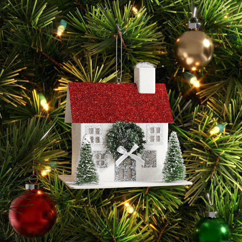 slide 2 of 3, Glittered House with Wreath and Bottle Brush Trees Christmas Tree Ornament White - Wondershop™, 1 ct