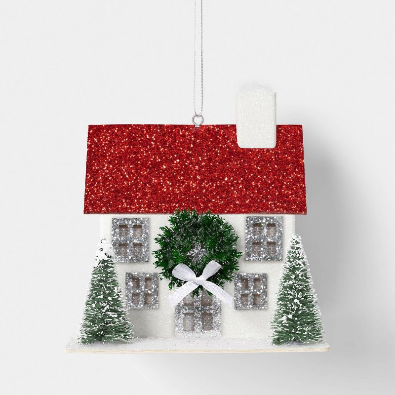 slide 1 of 3, Glittered House with Wreath and Bottle Brush Trees Christmas Tree Ornament White - Wondershop™, 1 ct