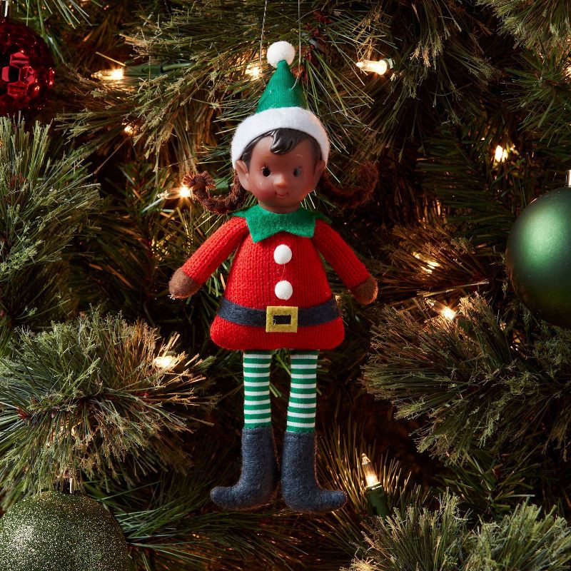 slide 2 of 3, Fabric Elf Child with Braids and Green Hat Christmas Tree Ornament - Wondershop™: Indoor Use, No Battery Required, 1 ct