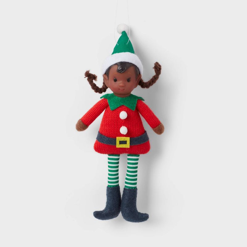 slide 1 of 3, Fabric Elf Child with Braids and Green Hat Christmas Tree Ornament - Wondershop™: Indoor Use, No Battery Required, 1 ct