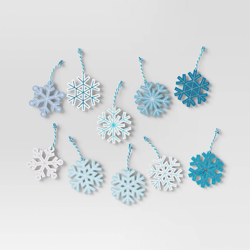 slide 1 of 3, 10pc Wood Snowflake Christmas Tree Ornament Set Blue/White - Wondershop™: Indoor Holiday Decor, Unlit, 2.25" Height, 10 ct