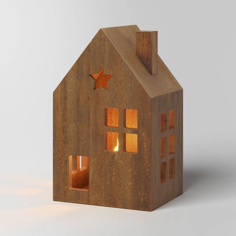 slide 1 of 3, 6" Lit Wood House with Star Window Christmas Village Building - Wondershop™ Brown, 1 ct