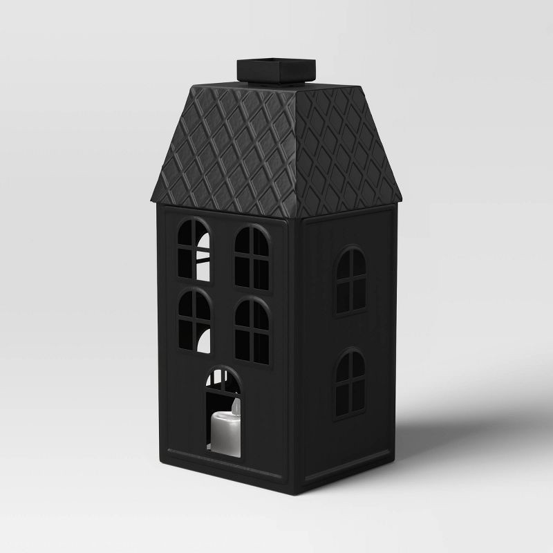 slide 3 of 3, 11" Lit Metal House Christmas Village Building - Wondershop™ Black: Indoor Tabletop Decorative Object, Battery-Powered, 1 ct