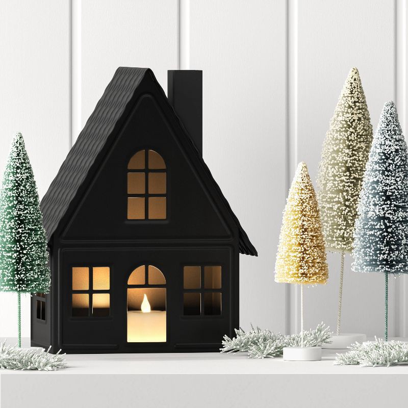 slide 2 of 3, 9" Lit Metal House Christmas Village Building - Wondershop™ Black: Battery-Powered Indoor Decorative Object, 1 ct