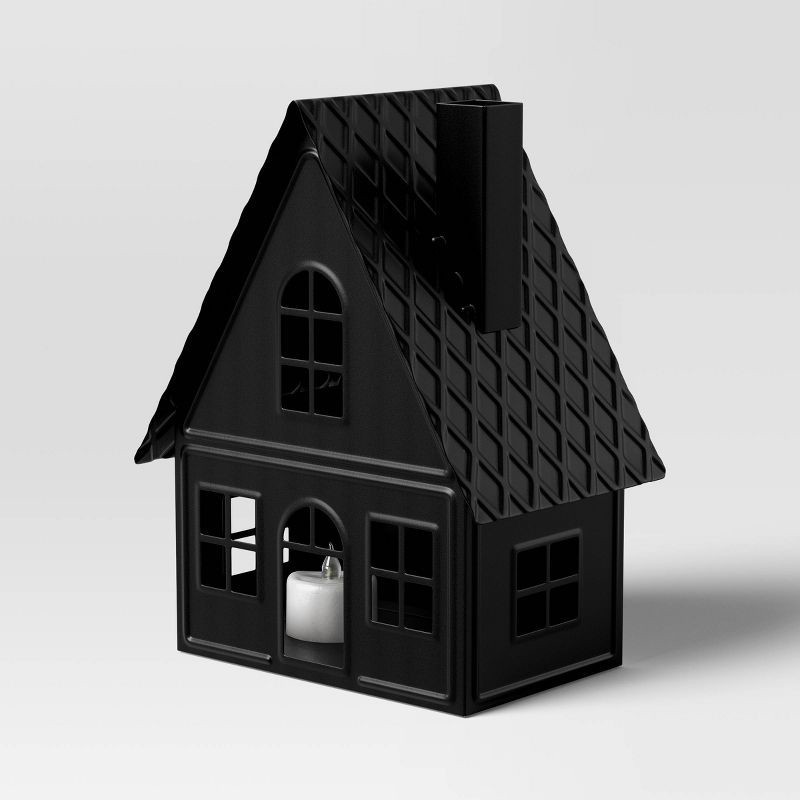 slide 3 of 3, 9" Lit Metal House Christmas Village Building - Wondershop™ Black: Battery-Powered Indoor Decorative Object, 1 ct