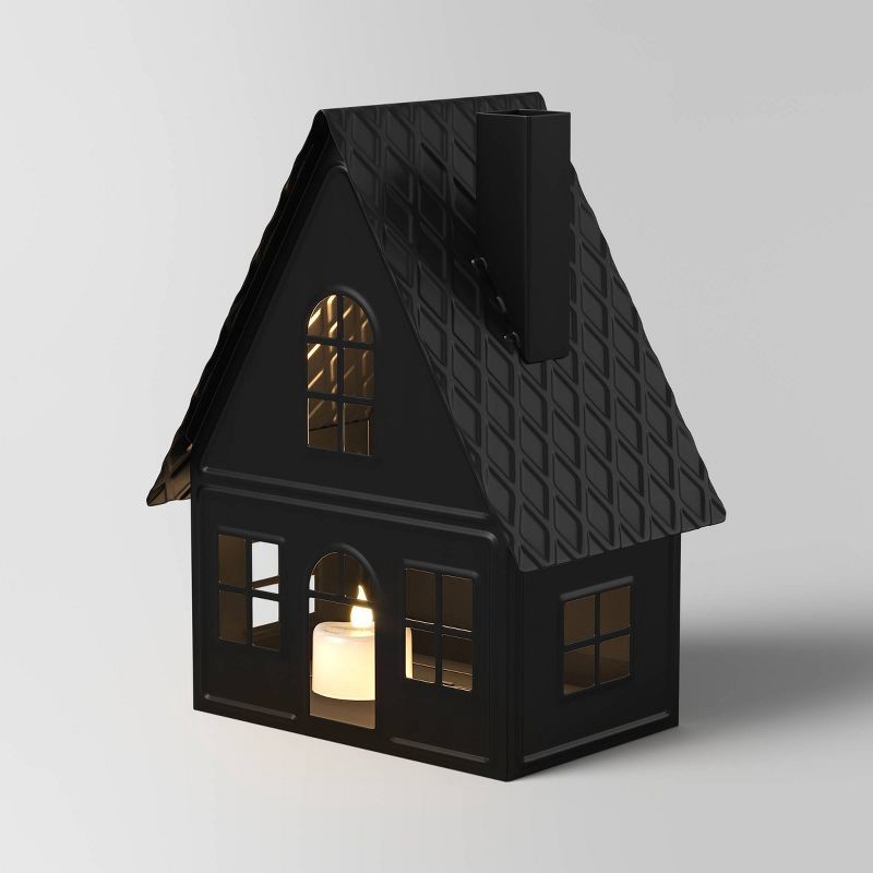 slide 1 of 3, 9" Lit Metal House Christmas Village Building - Wondershop™ Black: Battery-Powered Indoor Decorative Object, 1 ct