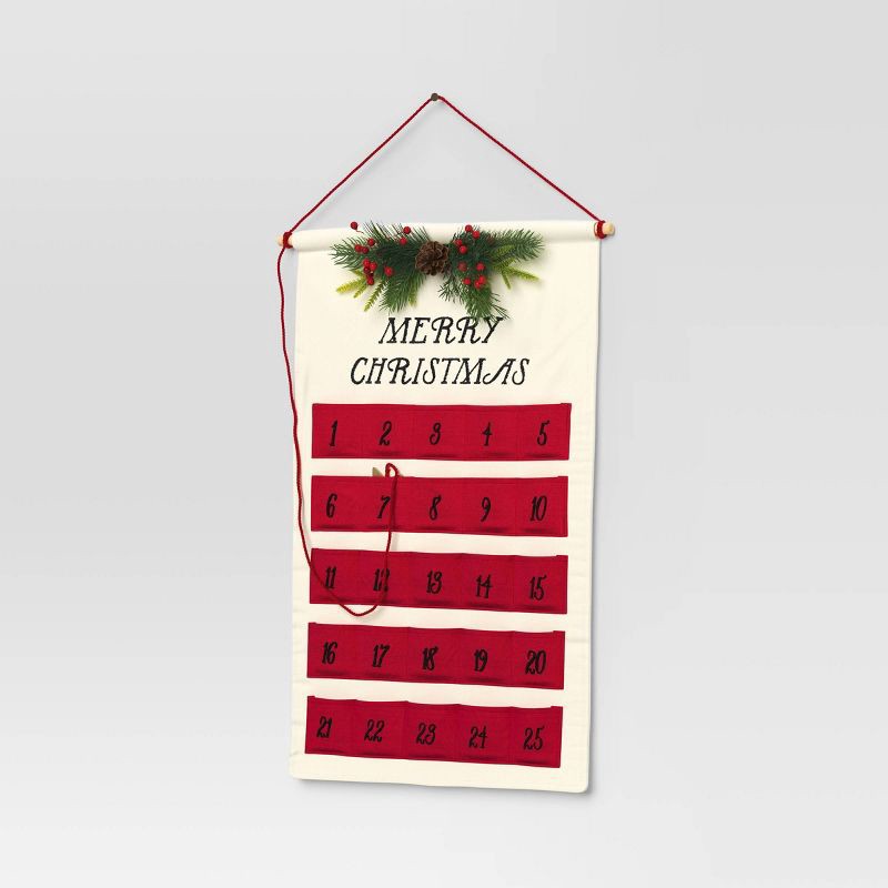 slide 3 of 4, 21.5" 'Merry Christmas' Fabric Hanging Advent Calendar with Faux Greenery and Star Counter Cream/Red - Wondershop™, 1 ct