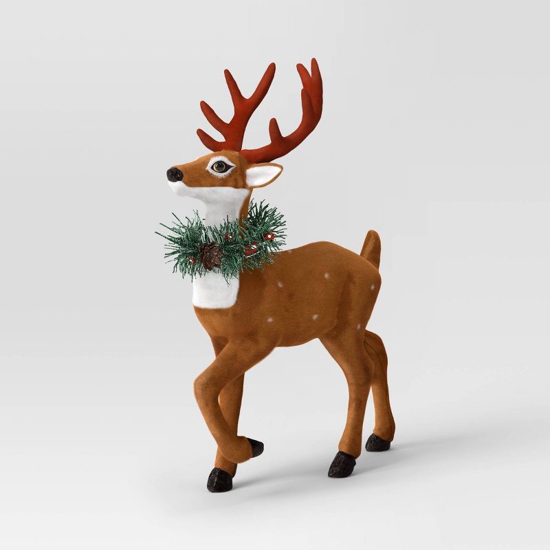 slide 1 of 3, Flocked Standing Deer with Faux Greenery Christmas Animal Figurine - Wondershop™ Brown, 1 ct
