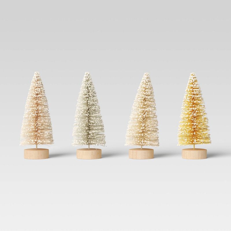 slide 1 of 3, 4pc 4" Sisal Bottle Brush Tree Christmas Figurine Set - Wondershop™ Yellow: Indoor Tabletop Decorations, Set of 4, 4 ct