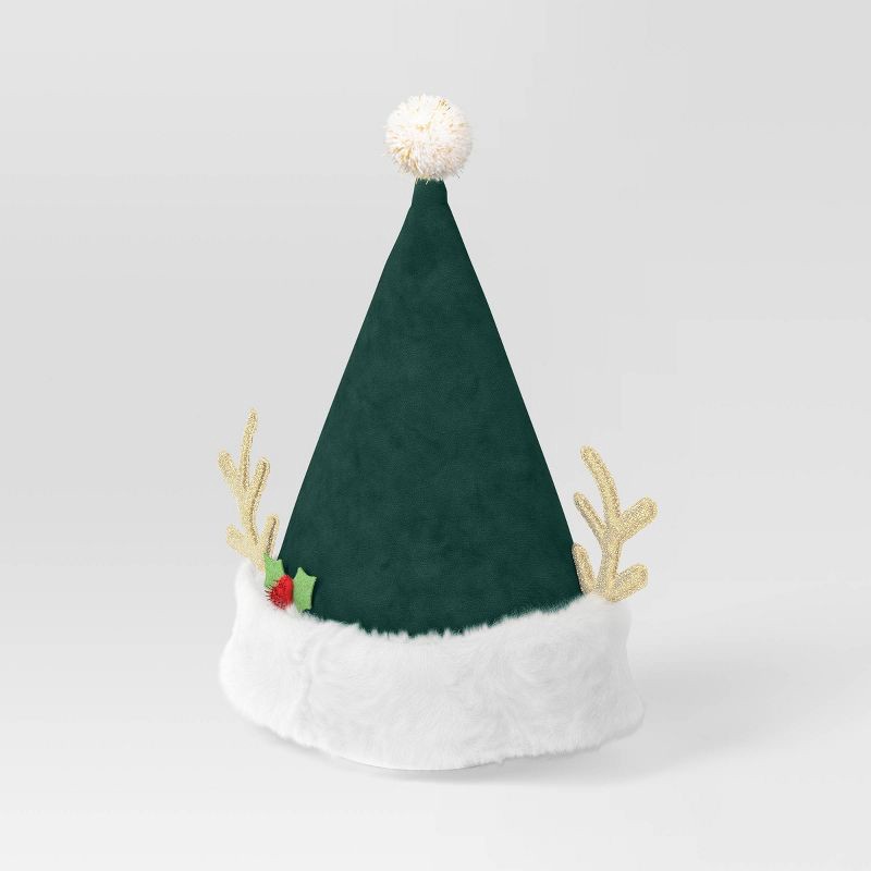 slide 1 of 3, 17" Santa Christmas Hat with Glittered Gold Antlers - Wondershop™ White/Green, 1 ct