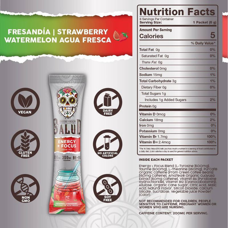 slide 4 of 6, Salud Energy + Focus Strawberry Watermelon Electrolyte Drink Mix - 6pk/0.21oz Packet Sticks, 6 ct, 0.21 oz