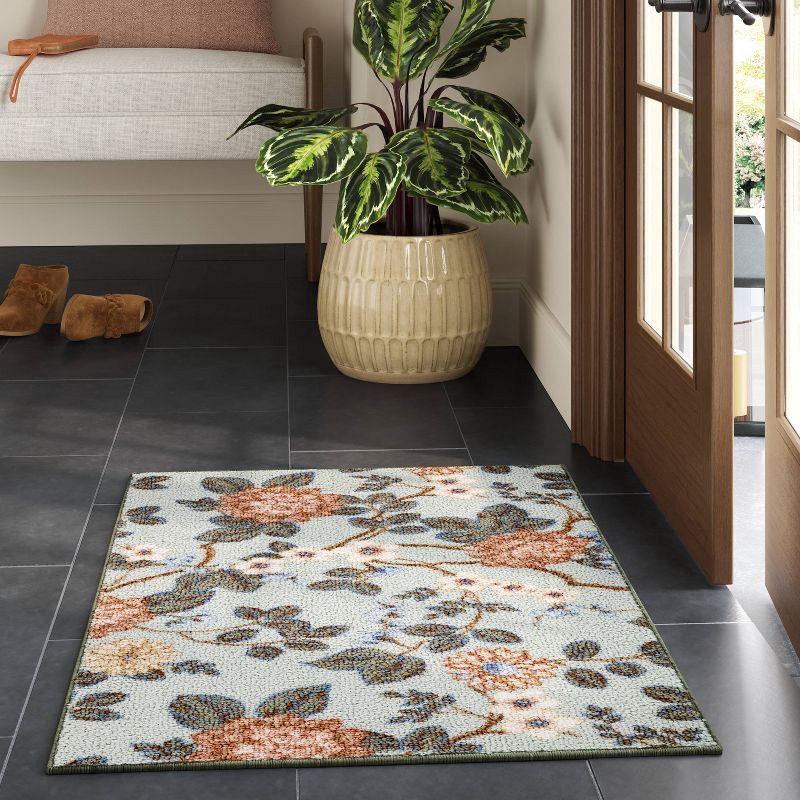 slide 2 of 4, 2'x3' Floral High Low Loop Accent Rug Green - Threshold™: Washable Entryway Throw, Indoor Skid-Resistant Rug, 1 ct