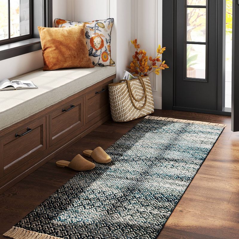 slide 2 of 4, 2'4"x7' Handloom Diamond Runner Rug Blue - Threshold™: Indoor Low Pile, Cotton & Jute, Entryway or Kitchen Use, 1 ct