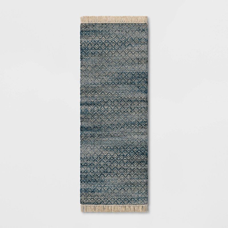 slide 1 of 4, 2'4"x7' Handloom Diamond Runner Rug Blue - Threshold™: Indoor Low Pile, Cotton & Jute, Entryway or Kitchen Use, 1 ct