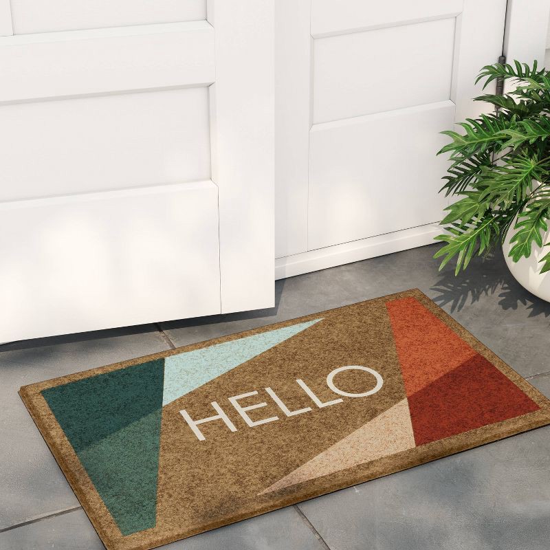 slide 2 of 4, 1'6"x2'6" 'Hello' Bright Block Faux Coir Doormat Beige - Room Essentials™: Outdoor Welcome Mat, High Pile, All-Weather, 1 ct