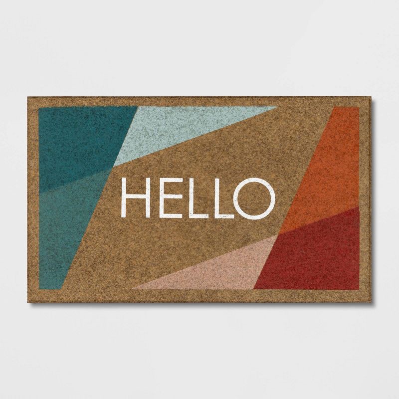 slide 1 of 4, 1'6"x2'6" 'Hello' Bright Block Faux Coir Doormat Beige - Room Essentials™: Outdoor Welcome Mat, High Pile, All-Weather, 1 ct