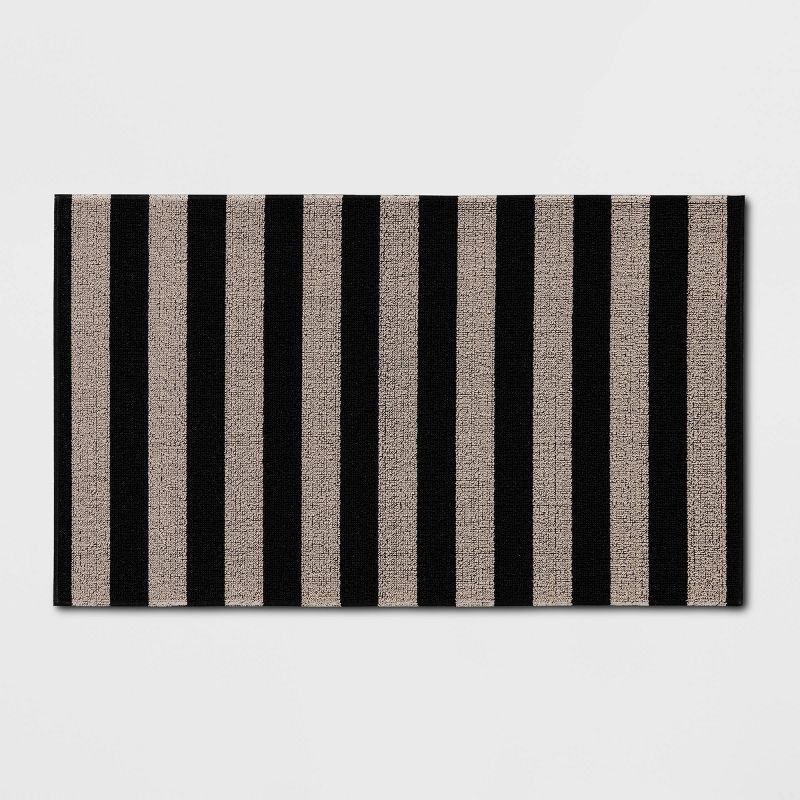 slide 1 of 4, 1'6"x2'6" Striped Micro Poly Loop Floormat Black/White - Room Essentials™: Indoor Kitchen & Bathroom Floor Mat, 1 ct