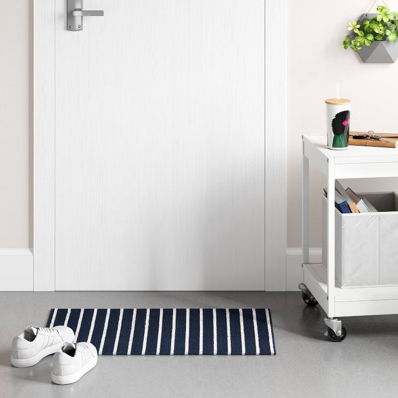 slide 2 of 4, 1'6"x2'6" Nautical Striped Micro Poly Loop Floormat White/Navy Blue - Room Essentials™: Indoor Kitchen & Bathroom Mat, 1 ct