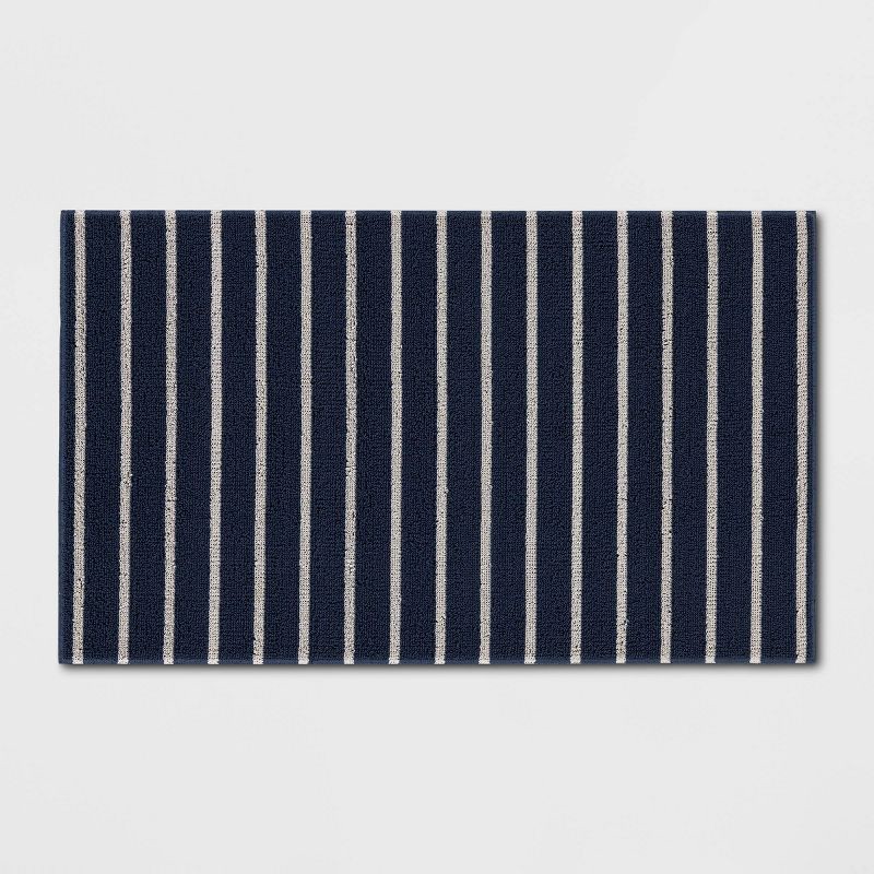 slide 1 of 4, 1'6"x2'6" Nautical Striped Micro Poly Loop Floormat White/Navy Blue - Room Essentials™: Indoor Kitchen & Bathroom Mat, 1 ct