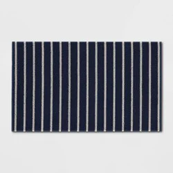 1'6"x2'6" Nautical Striped Micro Poly Loop Floormat White/Navy Blue - Room Essentials™: Indoor Kitchen & Bathroom Mat