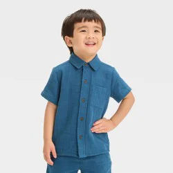 Toddler Boys' Short Sleeve Textured 'Button-Up' Shirt - Cat & Jack™ Blue 18M