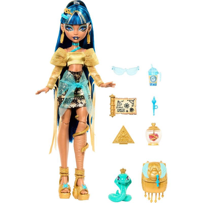 slide 4 of 6, Monster High 12.7" Cleo De Nile Fashion Doll Blue Hair/Brown Eyes with Pet Hissette and Accessories, 1 ct