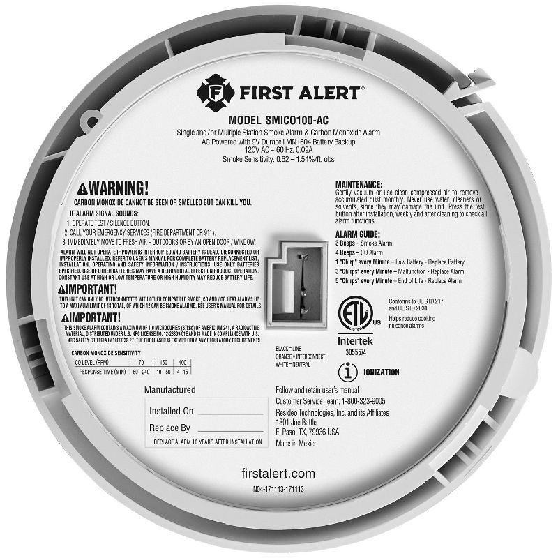 slide 5 of 8, First Alert Alarm Combo AC/DC with ADP SMICO100-AC: Smoke & Carbon Monoxide Detector, Latching Alarm Indicator, Hardwired, 1 ct