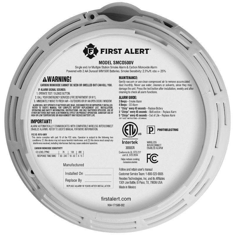 slide 5 of 8, First Alert Alarm Combo DC RFID SMCO500V Clam Tray: Smoke & Carbon Monoxide Detector, Battery Included, 10-Year Warranty, 1 ct