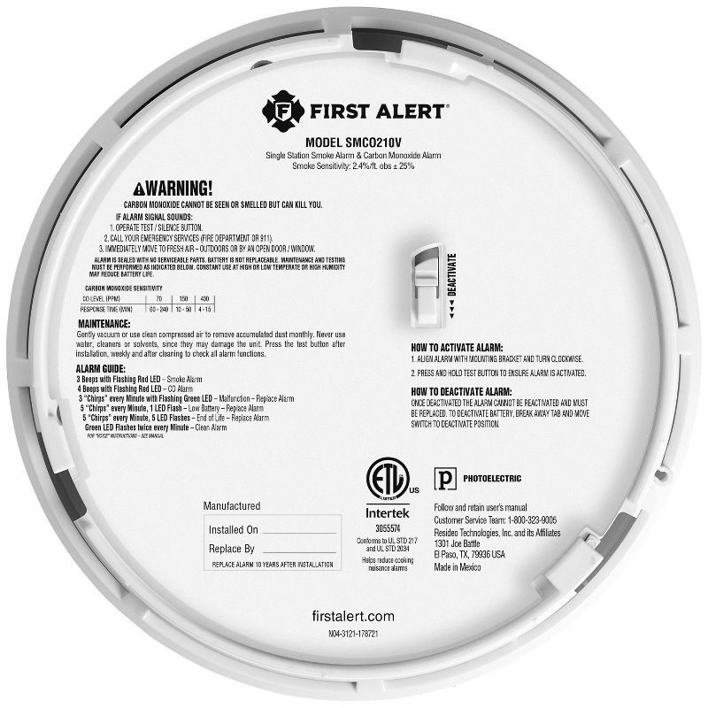 slide 5 of 7, First Alert Alarm Combo DC10 with VCE SMCO210V Clam Tray: Smoke & Carbon Monoxide Detector, Fire Alarm, 10-Year Warranty, 1 ct