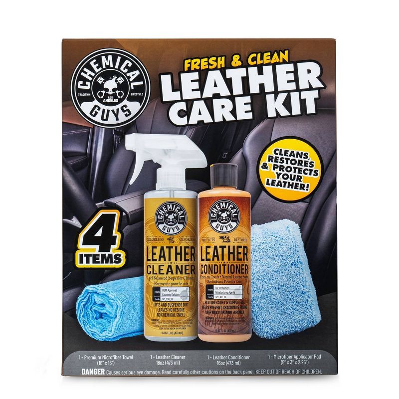 slide 2 of 4, Chemical Guys Kit (4 Piece) Leather Kit: Automotive Leather Cleaner & Conditioner, Unscented, Liquid, 12 oz, 4 ct; 12 oz
