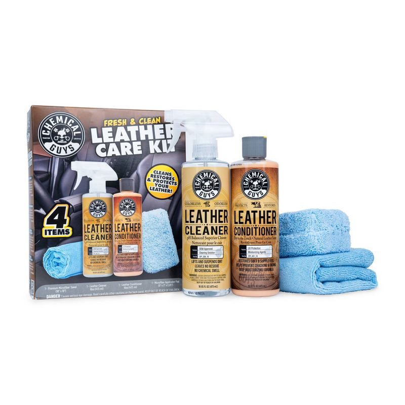 slide 4 of 4, Chemical Guys Kit (4 Piece) Leather Kit: Automotive Leather Cleaner & Conditioner, Unscented, Liquid, 12 oz, 4 ct; 12 oz