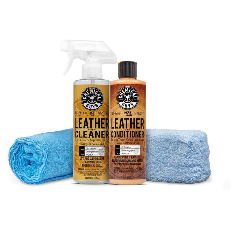 slide 1 of 4, Chemical Guys Kit (4 Piece) Leather Kit: Automotive Leather Cleaner & Conditioner, Unscented, Liquid, 12 oz, 4 ct; 12 oz