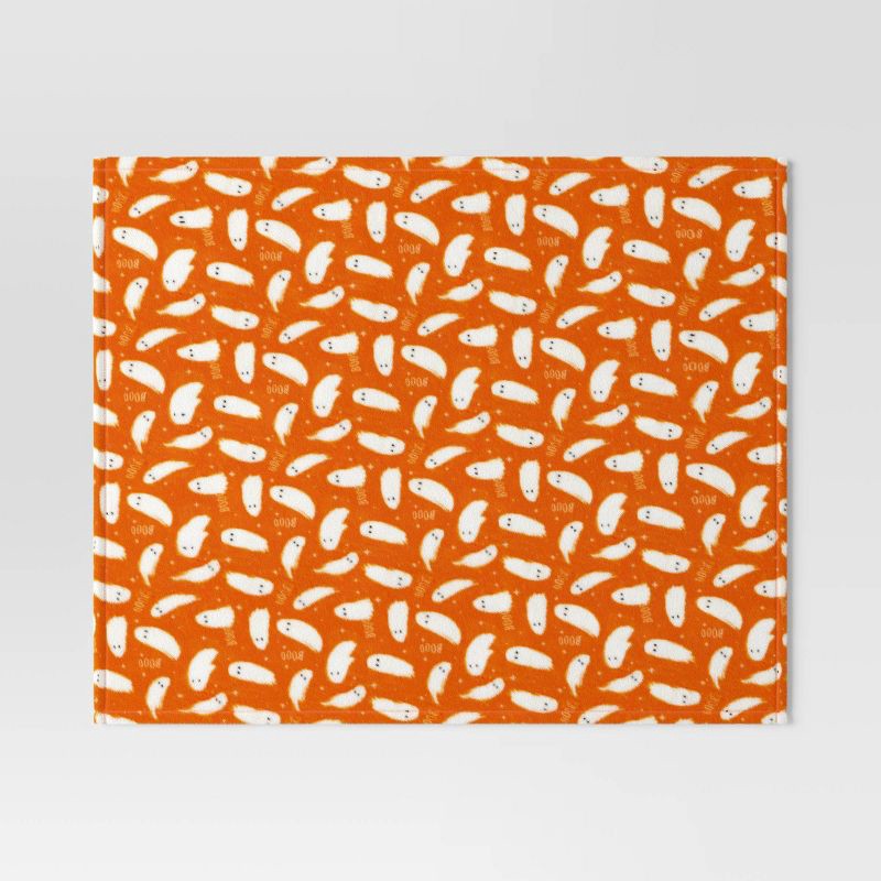 slide 3 of 5, Ghost Printed Plush Halloween Throw Blanket Orange/Ivory - Hyde & EEK! Boutique™: Lightweight, Knitted, Recycled Polyester, 50x60", 1 ct