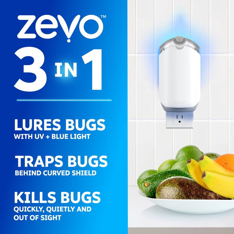 slide 2 of 12, Zevo Flying Insect Indoor Light Fly Trap Starter Kit, Catches House Flies, Fruit Flies, Gnats and More - 1 Trap + 3 Refills, 1 ct