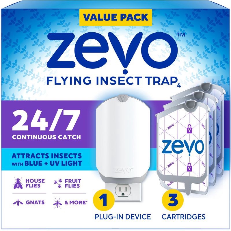 slide 1 of 12, Zevo Flying Insect Indoor Light Fly Trap Starter Kit, Catches House Flies, Fruit Flies, Gnats and More - 1 Trap + 3 Refills, 1 ct