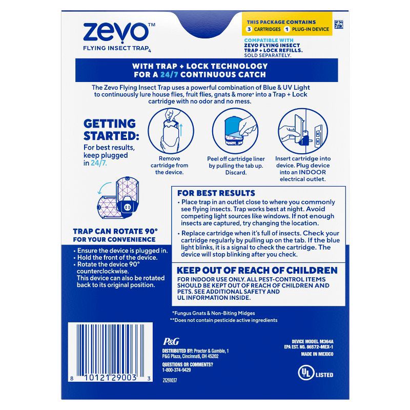 slide 12 of 12, Zevo Flying Insect Indoor Light Fly Trap Starter Kit, Catches House Flies, Fruit Flies, Gnats and More - 1 Trap + 3 Refills, 1 ct