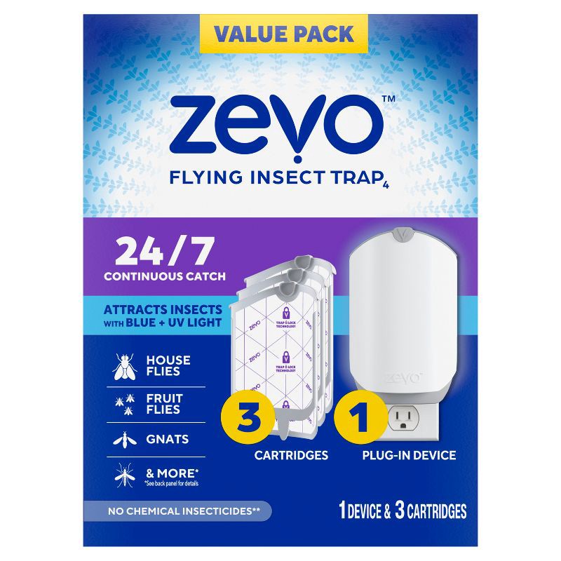 slide 11 of 12, Zevo Flying Insect Indoor Light Fly Trap Starter Kit, Catches House Flies, Fruit Flies, Gnats and More - 1 Trap + 3 Refills, 1 ct