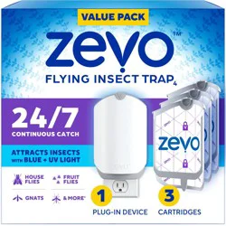 Zevo Flying Insect Indoor Light Fly Trap Starter Kit, Catches House Flies, Fruit Flies, Gnats and More - 1 Trap + 3 Refills