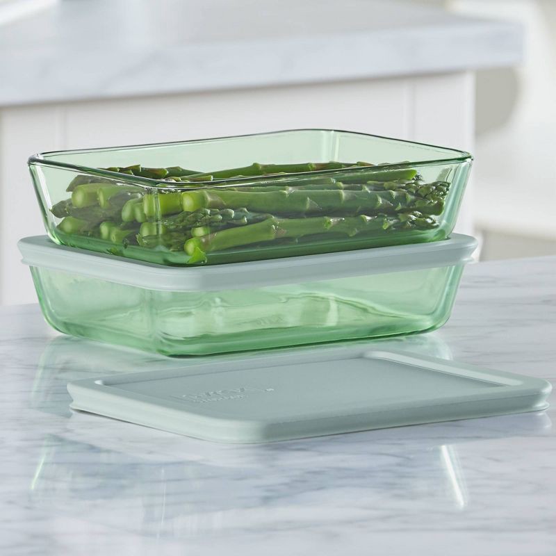 slide 2 of 7, Pyrex® Simply Store® Tint 4pc Lidded Rectangle Storage Set Green: Glass Baking Dish, Microwave-Safe, 24 Volume Capacity, 4 ct