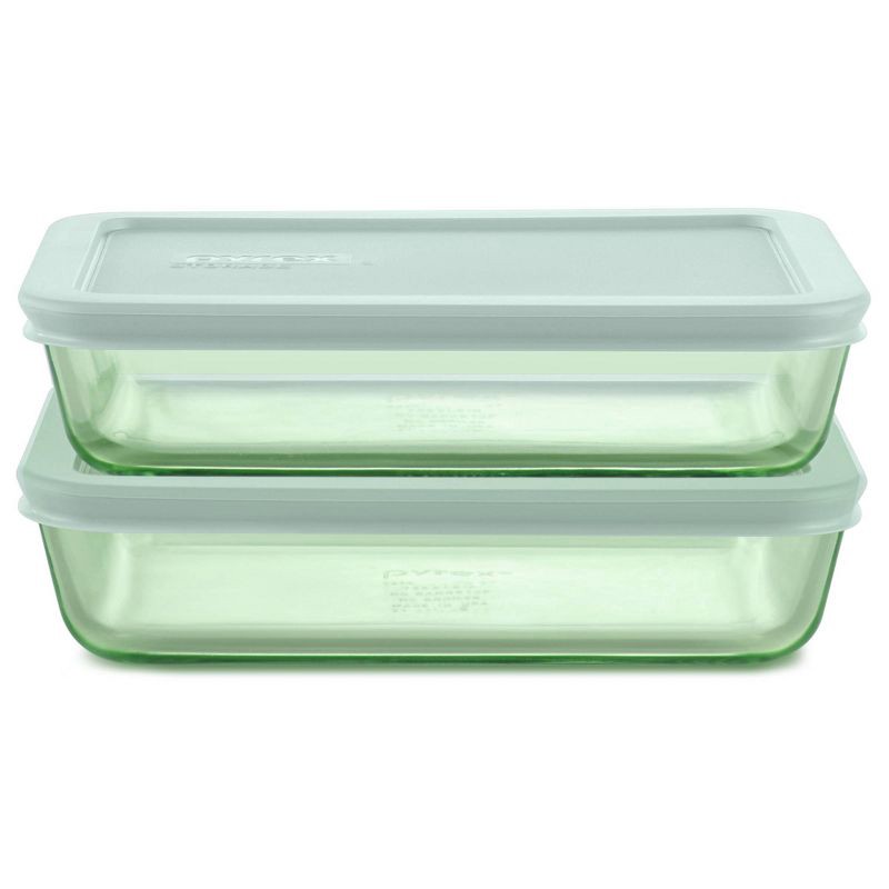 slide 1 of 7, Pyrex® Simply Store® Tint 4pc Lidded Rectangle Storage Set Green: Glass Baking Dish, Microwave-Safe, 24 Volume Capacity, 4 ct