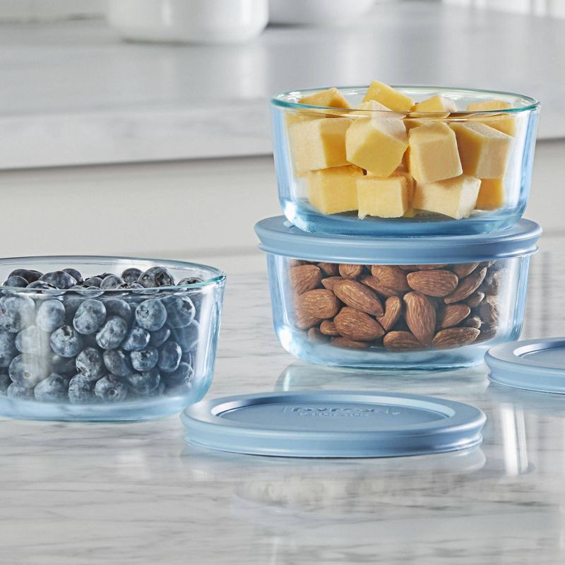slide 2 of 7, Pyrex® Simply Store® Tinted 6pc Lidded Round Storage Set Blue: Glass Bowls with Lids, Microwave-Safe, 16 Volume Capacity, 6 ct